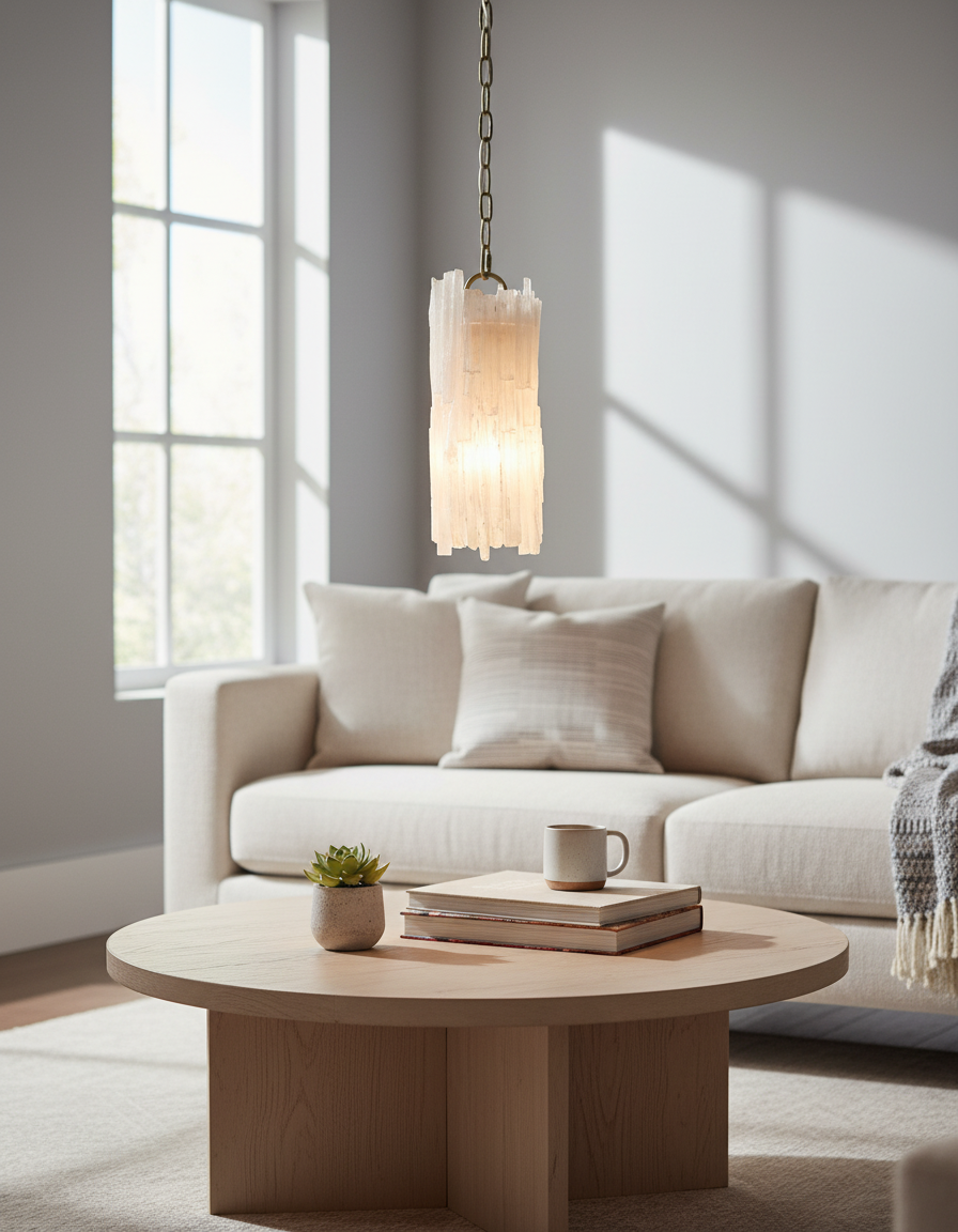 Natural Selenite Single-Light Pendant Fixture Design