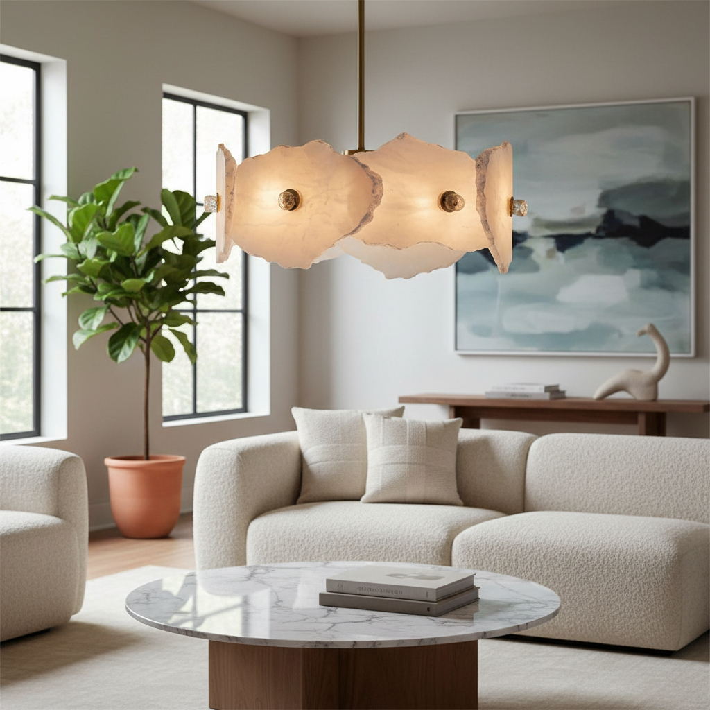 Montserrat Nine-Light Pendant Alabaster Brass Fixture